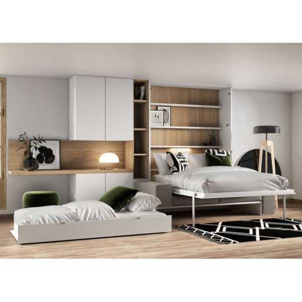 Vertical folding double bed with pull-out trundle