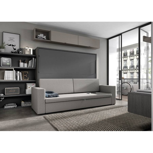 Living room with horizontal folding bed with sofa and storage box