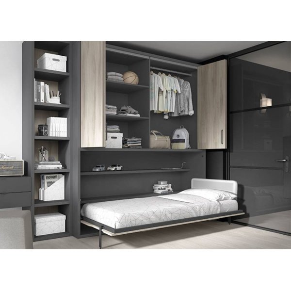Horizontal folding bed with 4-door wardrobe and desk