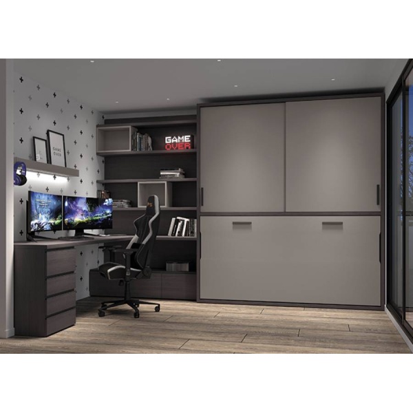 Horizontal folding bed with sliding wardrobes and shelving