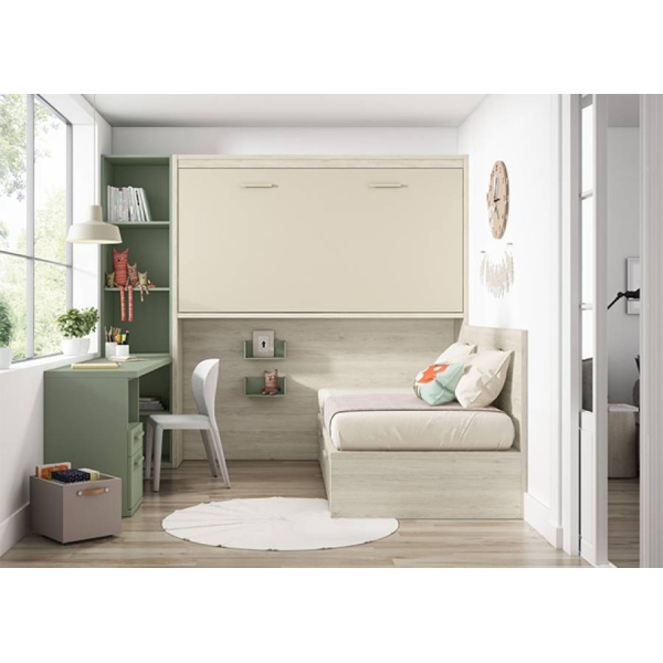 Environment with high folding bed, lower bed and desk