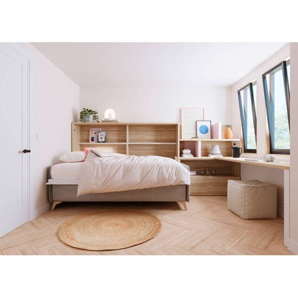 Horizontal folding bed with sofa and study area