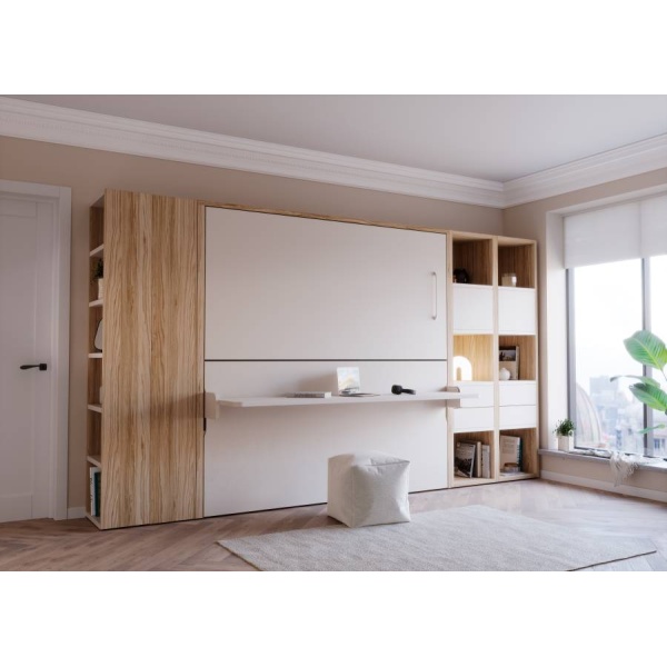 Bedroom with folding bunk bed with table