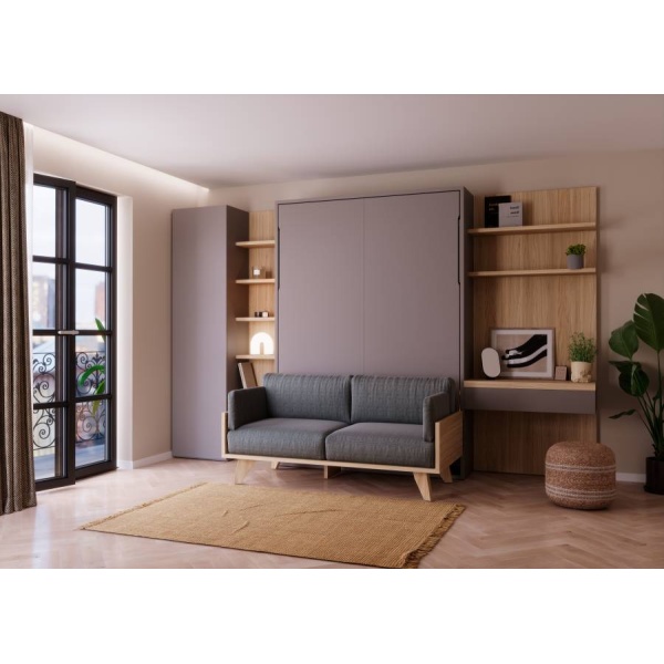 Living room with fold-down bed, sofa and desk