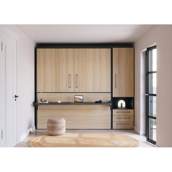 Folding bed with integrated desk and wardrobe
