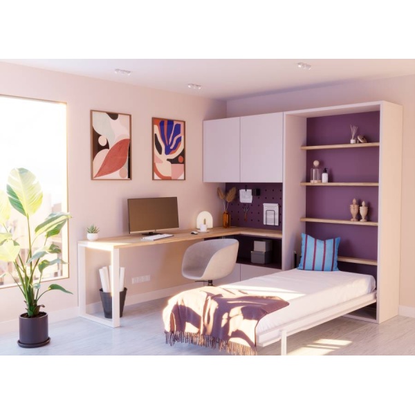 Bedroom with vertical folding bed and desk