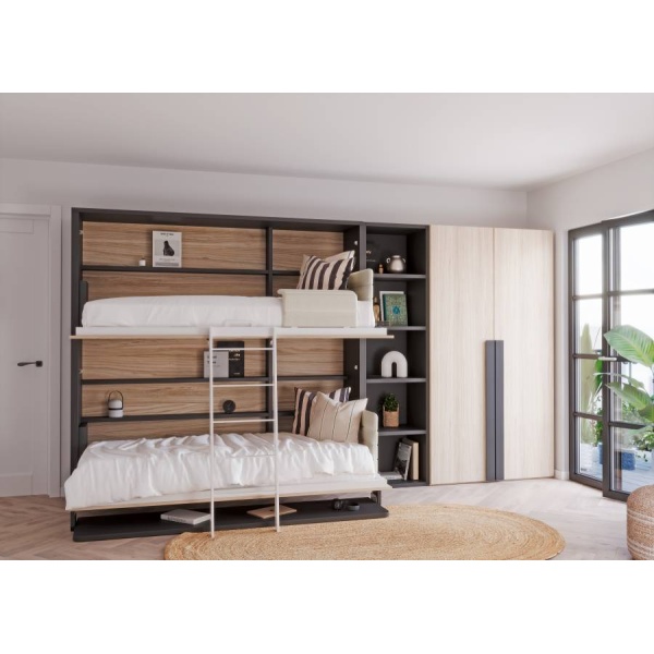 Folding bunk bed with integrated desk and wardrobe