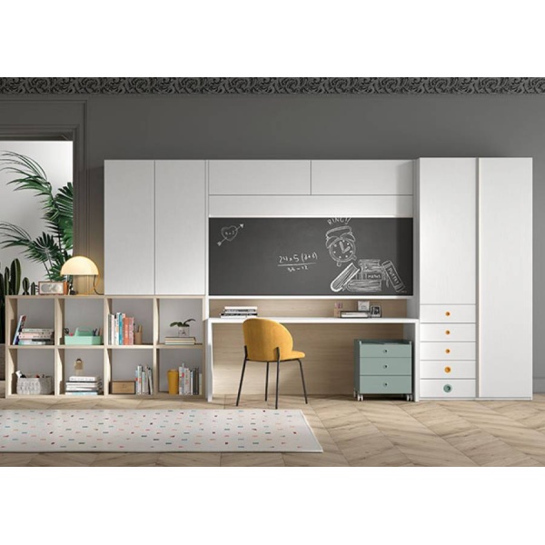 Bedroom with high folding bed with blackboard