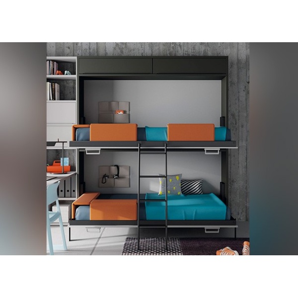 Youth room with horizontal folding bunk bed and study area.