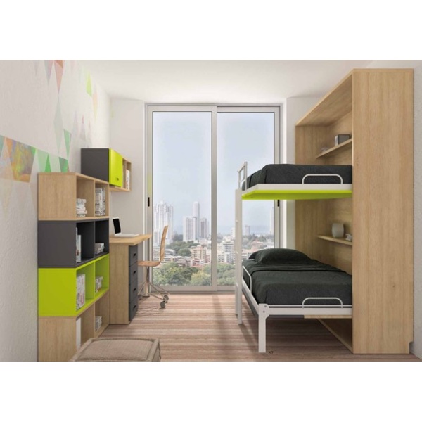 Children's room with folding bunk beds and study area.