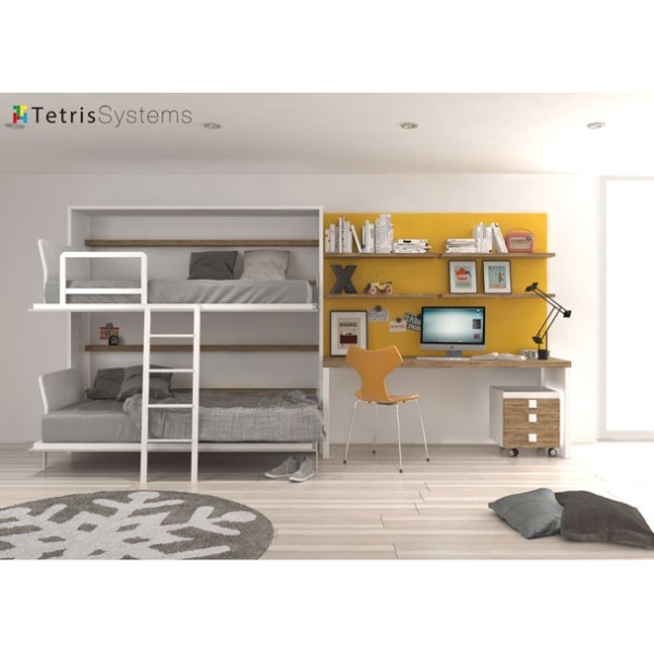 Horizontal folding bunk bed with study area