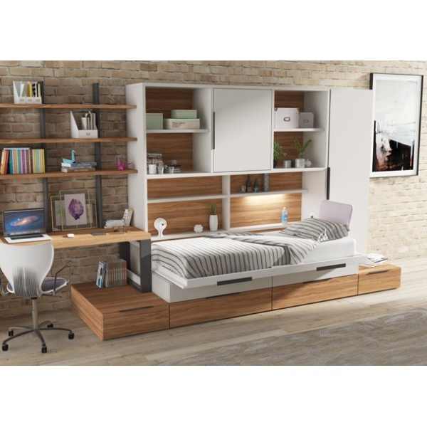 Horizontal folding bed with drawer base and desk