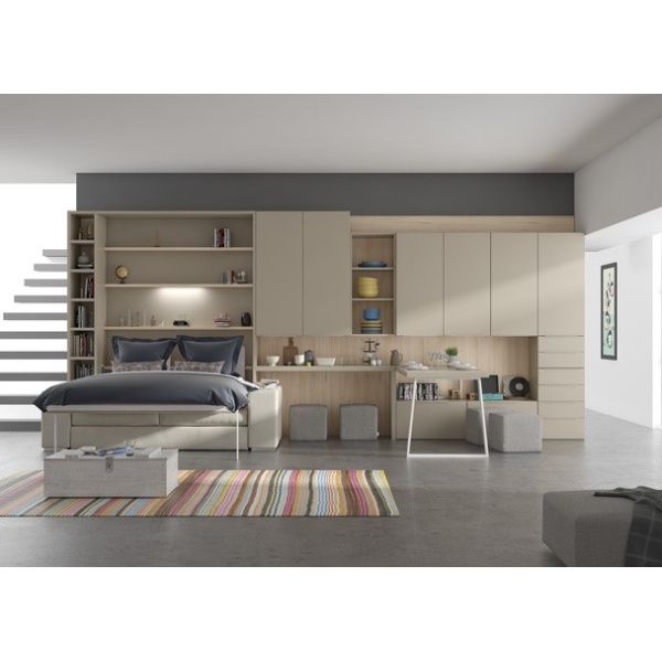 Vertical folding double bed with sofa and wardrobes