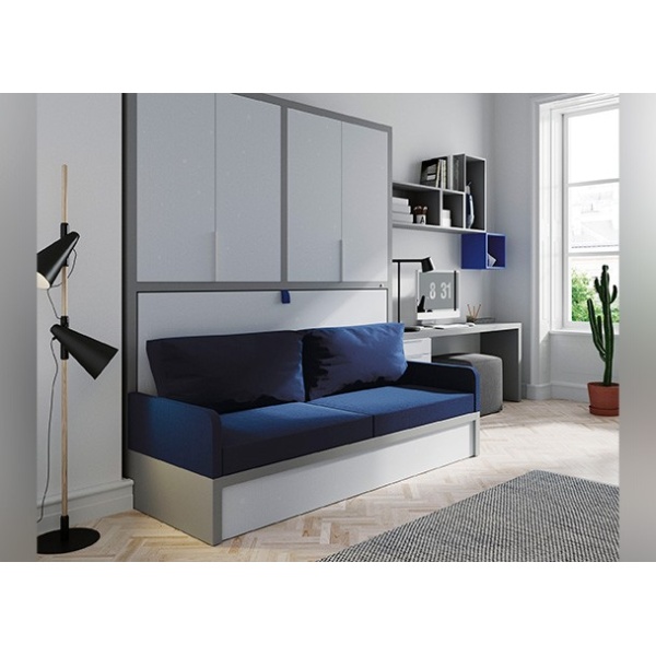 Horizontal folding bed with sofa, upper wardrobe and study area
