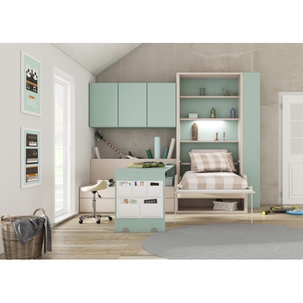 Vertical folding bed with integrated sofa and study area