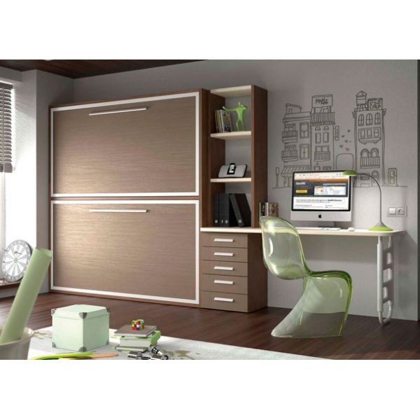 Folding bed, sliding wardrobe and desk