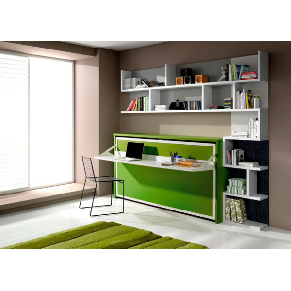 Youth bedroom equipped with a single folding bed with a folding desk.