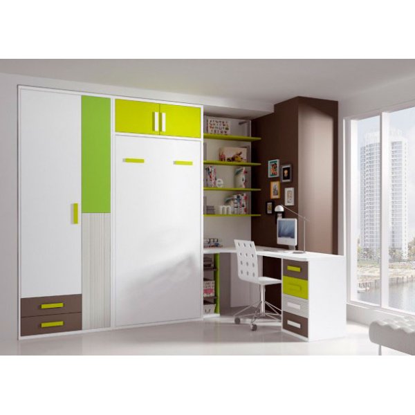 Youth bedroom with a vertical folding bed, integrated between a 3-door wardrobe and a bookcase with a study area.