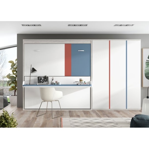 Horizontal folding bunk bed with desk and wardrobes.