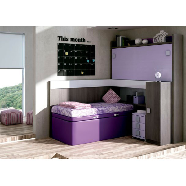 Children's room with a high folding bed and toy storage bed.