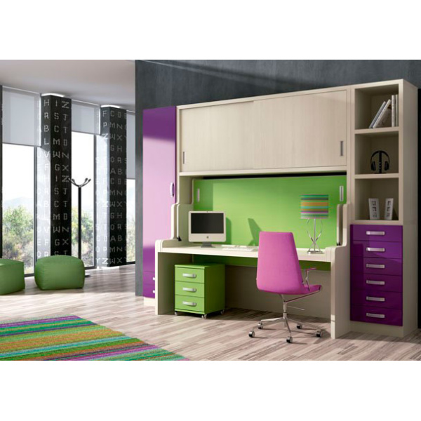 Youth bedroom with horizontal folding bed-table and wardrobe