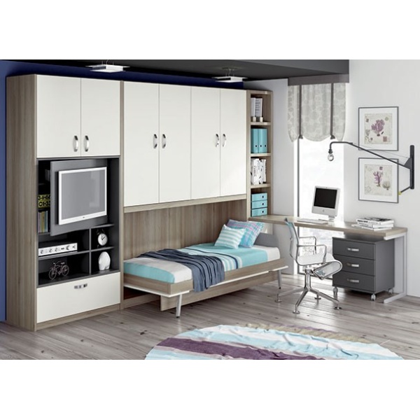 Youth bedroom with horizontal folding bed with wardrobe