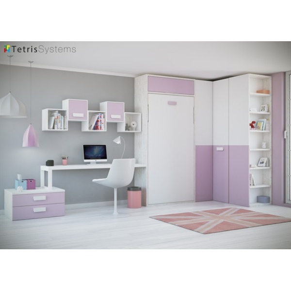 Room with vertical folding bed and table