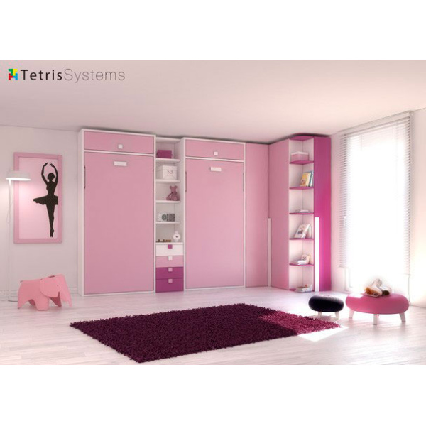 Vertical folding beds and wardrobes in pink tones