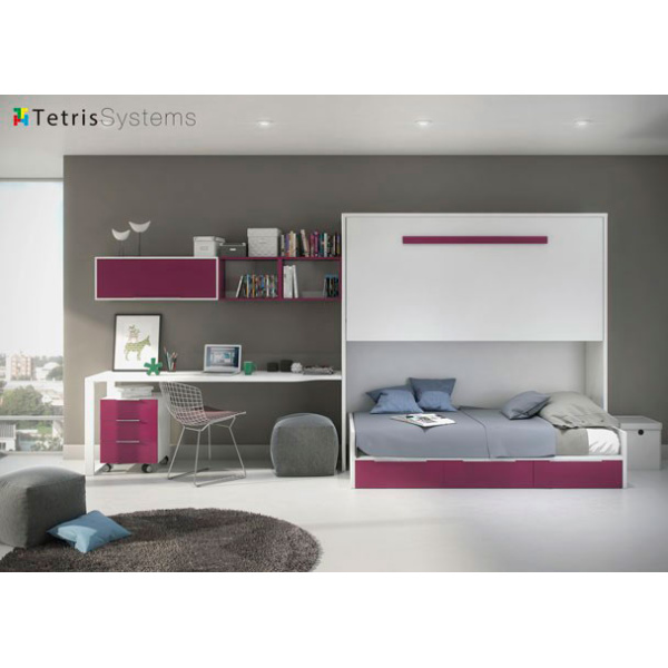 Folding loft bed and trundle bed with 3 drawers