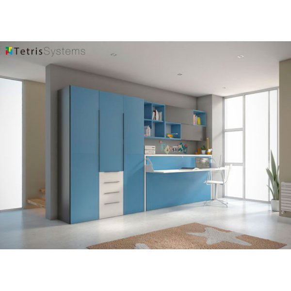 Horizontal folding bed, folding desk and wardrobe