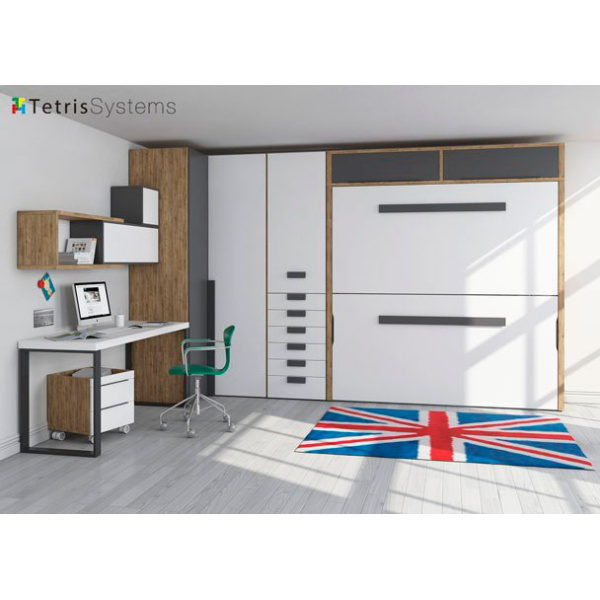 Bedroom with fold-Bedroom with fold-down bunk bed and corner wardrobe