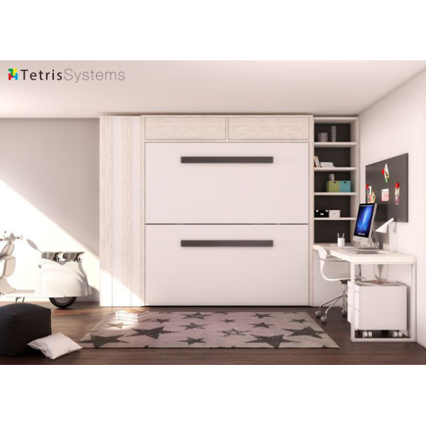 Folding bunk bed with terminal, desk and bookcase