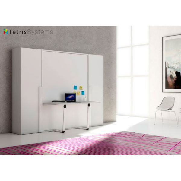 Folding double bed with integrated table