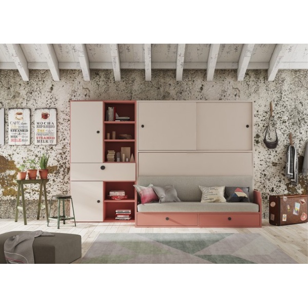 Horizontal folding bed with integrated sofa and wardrobe