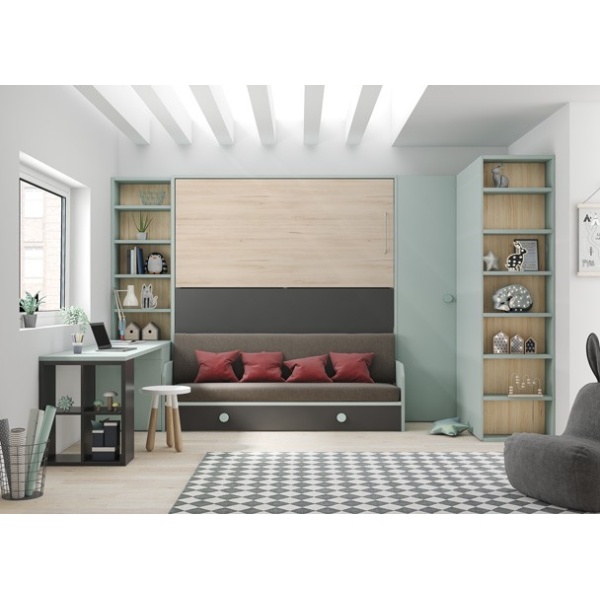 Horizontal folding bunk beds with sofa and study area