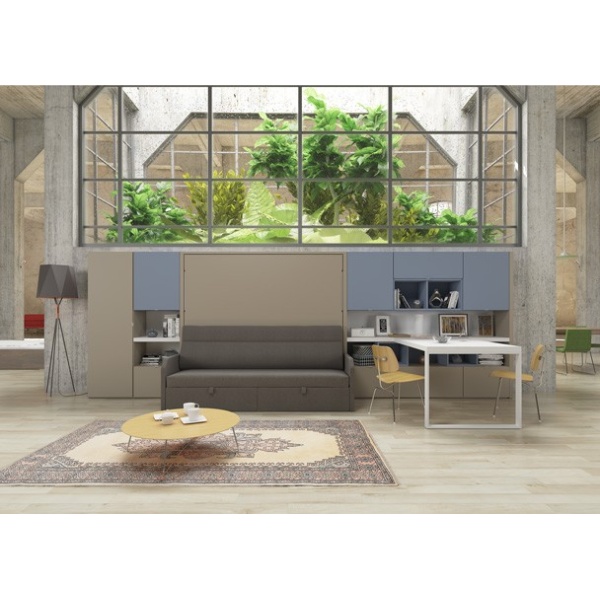 Horizontal folding bed with sofa and study area