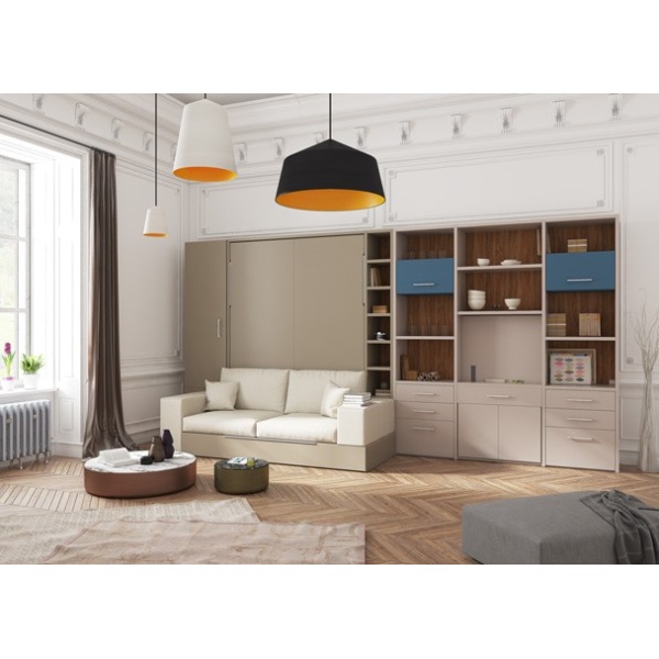Vertical folding double bed with sofa and trundle bed
