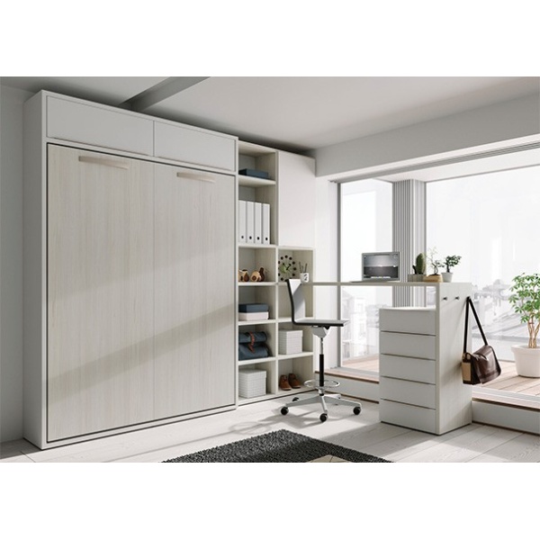 Vertical folding bed measuring 150 x 190 + bookcase and study area.