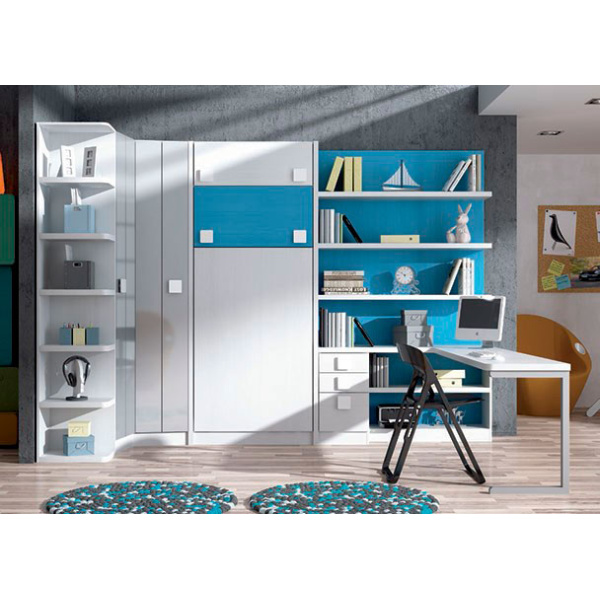 Children's room with vertical folding bed, corner wardrobe and table.