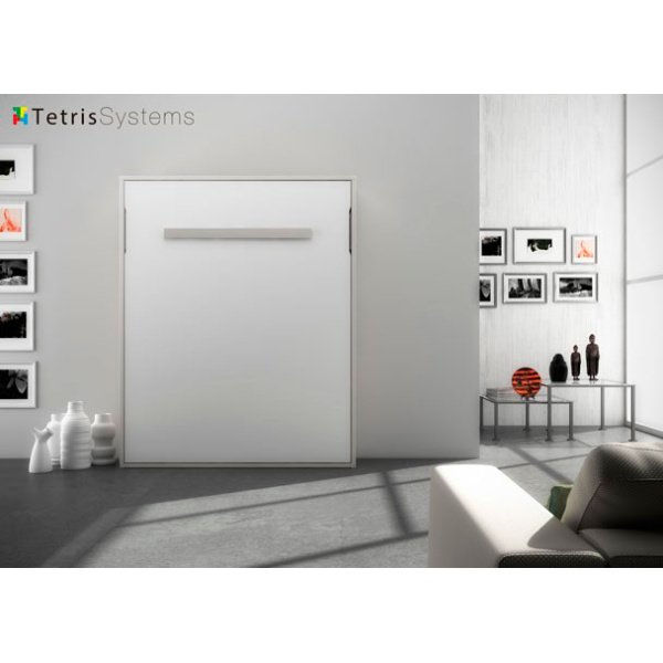 Vertical folding double bed integrated into the living-dining room wall.