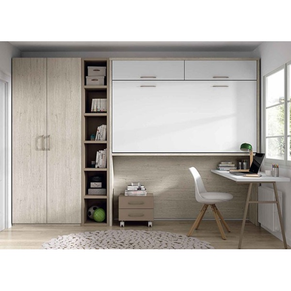 Youth bedroom with high folding bunk bed, wardrobe and desk.