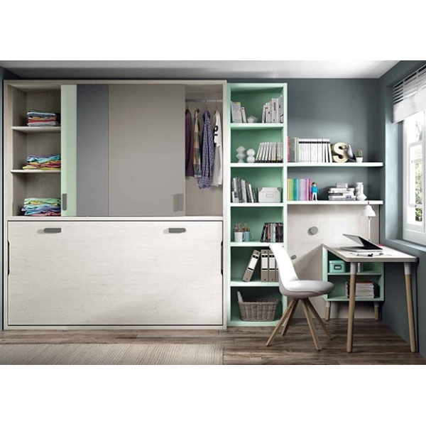 Youth room with horizontal folding bed and upper wardrobe