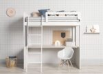 Freestanding high bunk bed with desk below