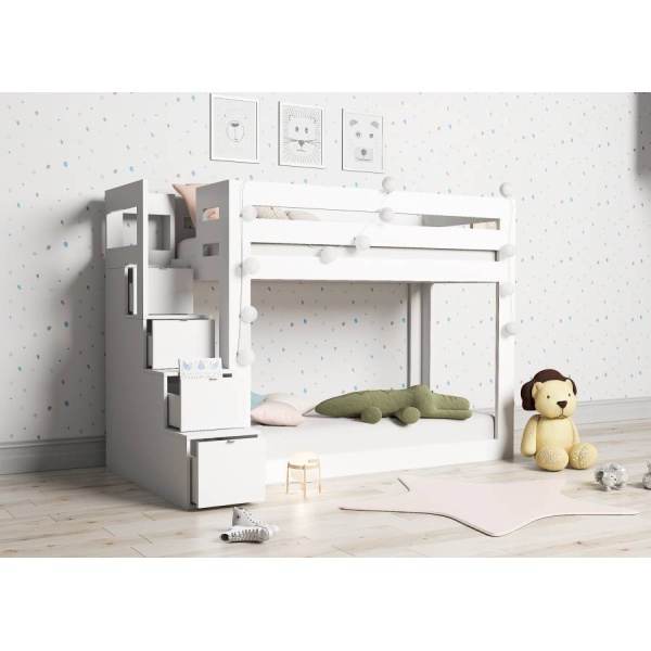 Floor-level children's bunk bed with 4-drawer ladder