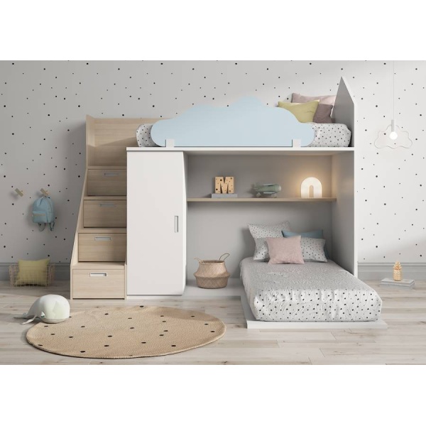 Children's house bunk bed with drawers and wardrobe