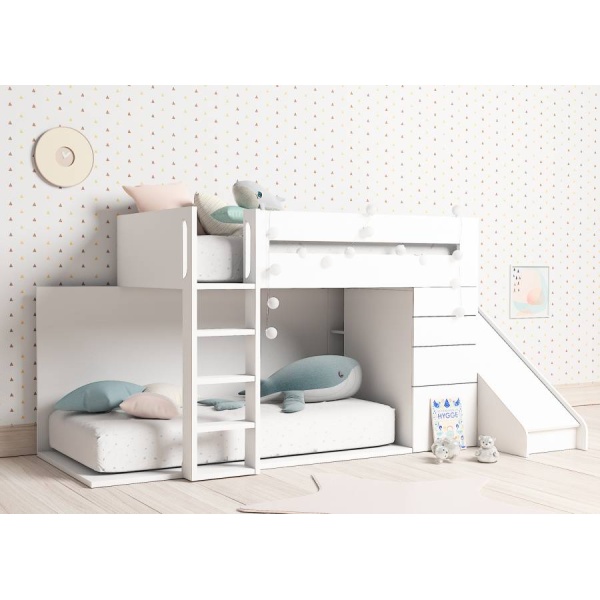 Children's train bunk bed with slide and drawers