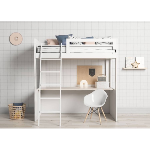 Freestanding high bunk bed with desk below