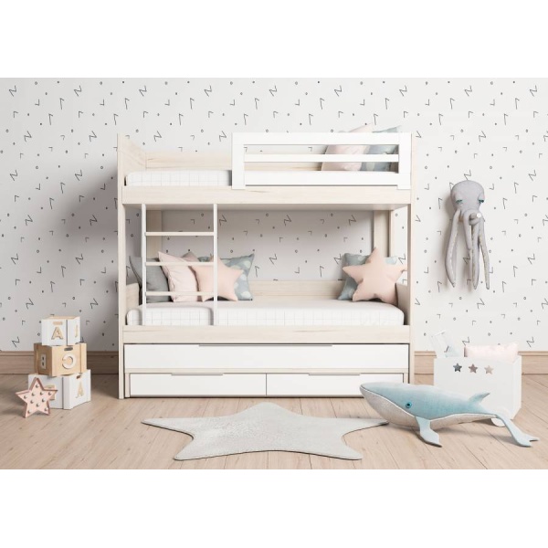 Children's bunk bed model, with sliding base and 2 drawers with wheels