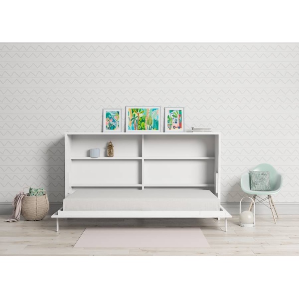 Horizontal folding bed measuring 90 x 190 with table and interior shelves