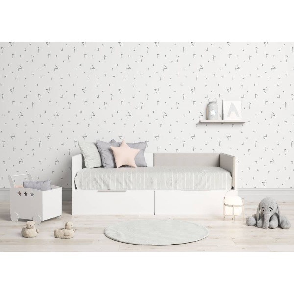 Trundle bed with two drawers, upholstered backrest and arms